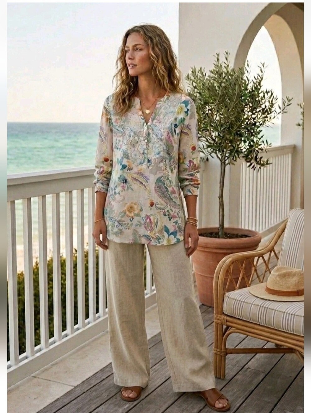 Malvin I Love Linen Paisley Floral Tunic Top Boho Beachy Coastal Size Medium